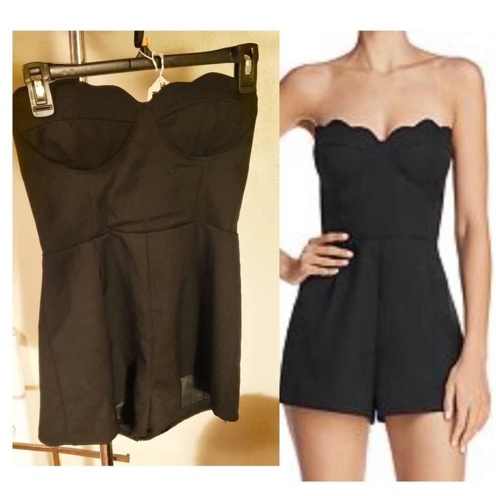 Sunset & Spring Scalloped Strapless Romper.  blk. Sz Sm